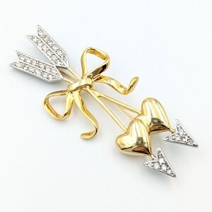 Vintage Joan Rivers Brooch Pin Gold Tone Clear Rhinestone Cupid Arrows Heart